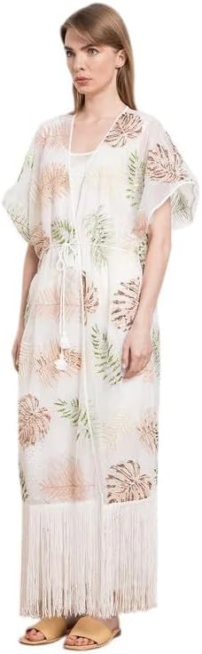 TWINSET MILANO Kimono long pour la plage, imprimé floral avec feuilles, franges sur le fond, blanc