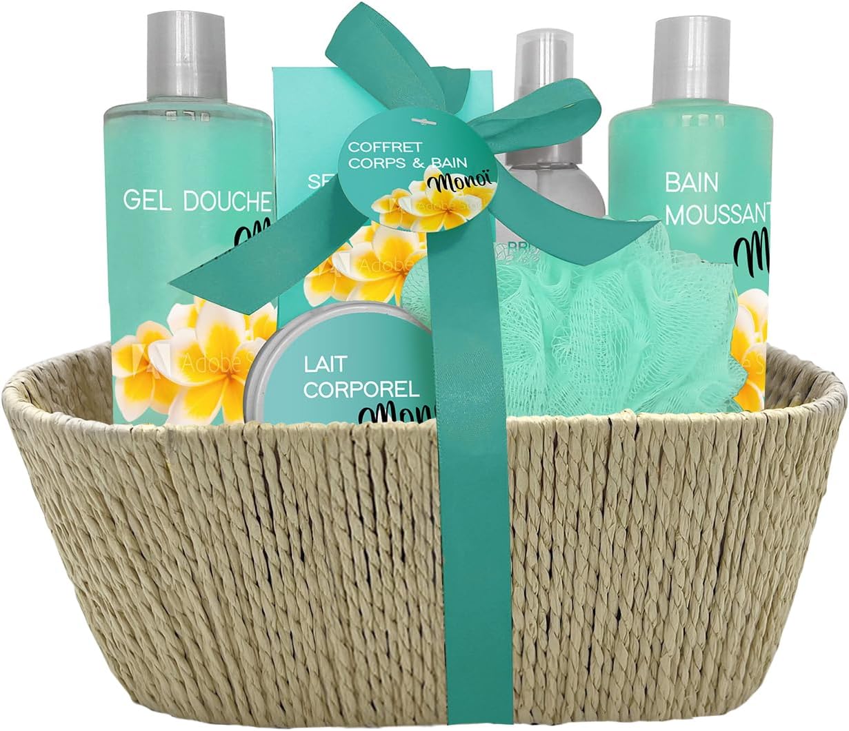 Coffret Bain Monoï - Bain Moussant 300ml, Gel Douche, Lait Corps, Brume, Sels de Bain - Cadeau Femme Beauté, Soin Corps, Bien Etre - Kit Cocooning Panier Corde Monoï Monoï Coffret Panier Corde