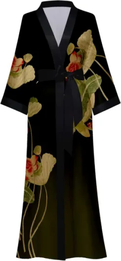 Kihnop Kimono long en satin avec motif floral pour femme, peignoir en soie, taille unique Taille unique Fleur de lotus