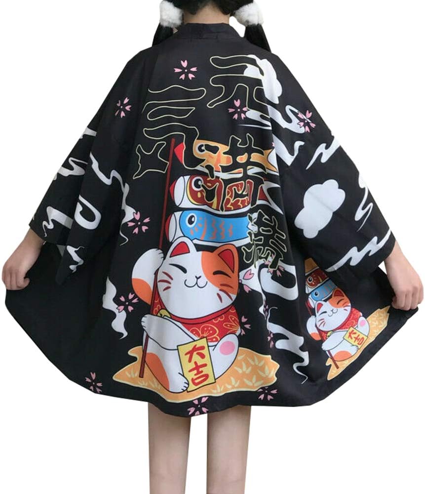 YM YOUMU Kimono japonais pour femme avec motif chat porte-bonheur 01 - Noir Taille unique Taille Petite
