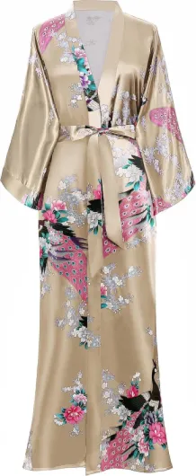 BABEYOND Kimono Robe de Nuit Femme Robe de Chambre Longue Robe de Nuit Peacock Kimono Long Chemise de Nuit Kimono 53"/135cm Taille unique Grande taille champagne