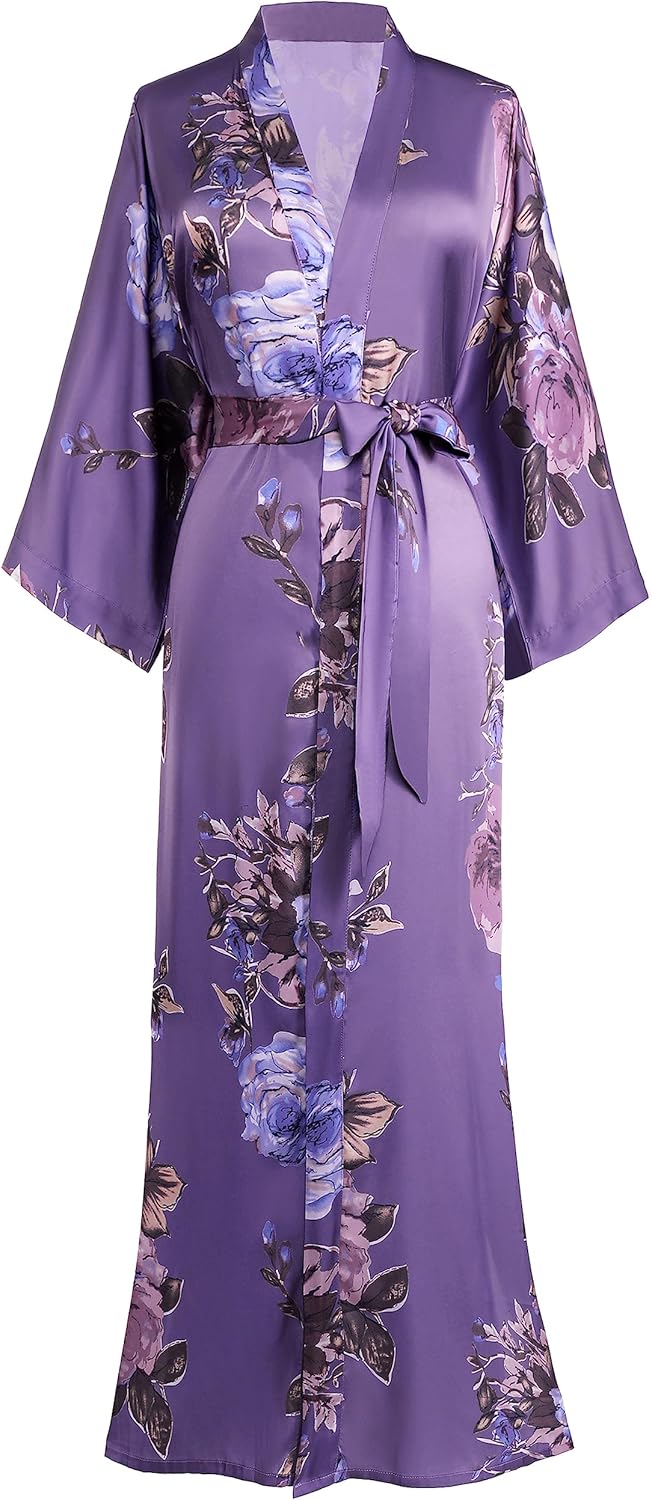 Kimono Robe de Nuit Femme Robe de Chambre Longue Robe de Nuit Peacock Kimono Long Chemise de Nuit Kimono 53"/135cm Taille unique Fleur violette