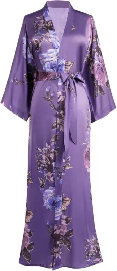 BABEYOND Kimono Robe de Nuit Femme Robe de Chambre Longue Robe de Nuit Peacock Kimono Long Chemise de Nuit Kimono 53"/135cm Taille unique Fleur violette
