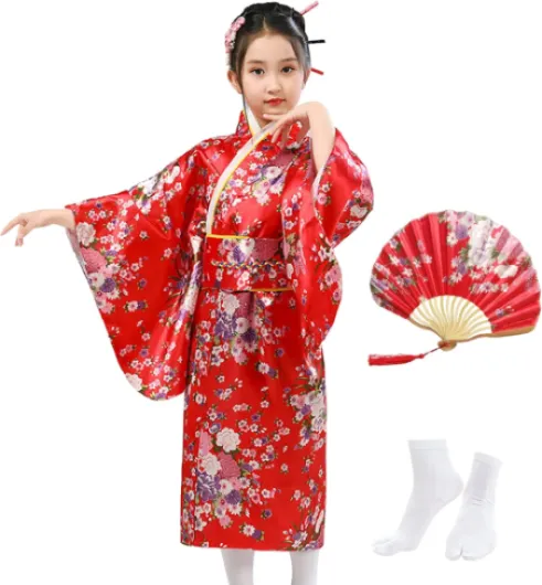 Kimono Japonais pour Filles,Robe Yukata Japonaise,Robe Kimono Satin pour les Enfants,Robe de Soirée de Jeu de Rôle Anime pour les Filles avec Eventail Pliant et Chaussettes Tabi 140 Style A-Rouge