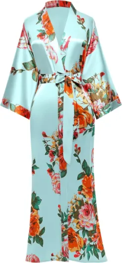BABEYOND Kimono Robe de Nuit Femme Robe de Chambre Longue Robe de Nuit Peacock Kimono Long Chemise de Nuit Kimono 53"/135cm Taille unique bleu clair