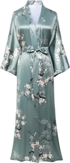 Robe de chambre longue en satin pour femme Robe de plage Kimono Motif à fleurs Cardigan Peignoir long Imprimé Robe longue Fleurs pour fille Pyjama Party Taille unique Style-3-Vert