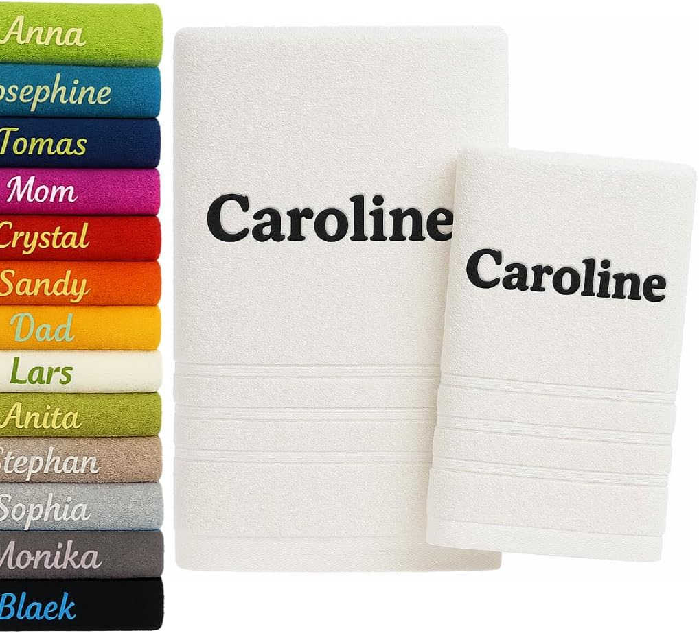 Pet-Jos Serviettes de Bain et Serviettes de Main Personnalisées avec Nom Brodé - Lot de 2 - Blanc - Coton 100% - 70x140cm + 50x100cm