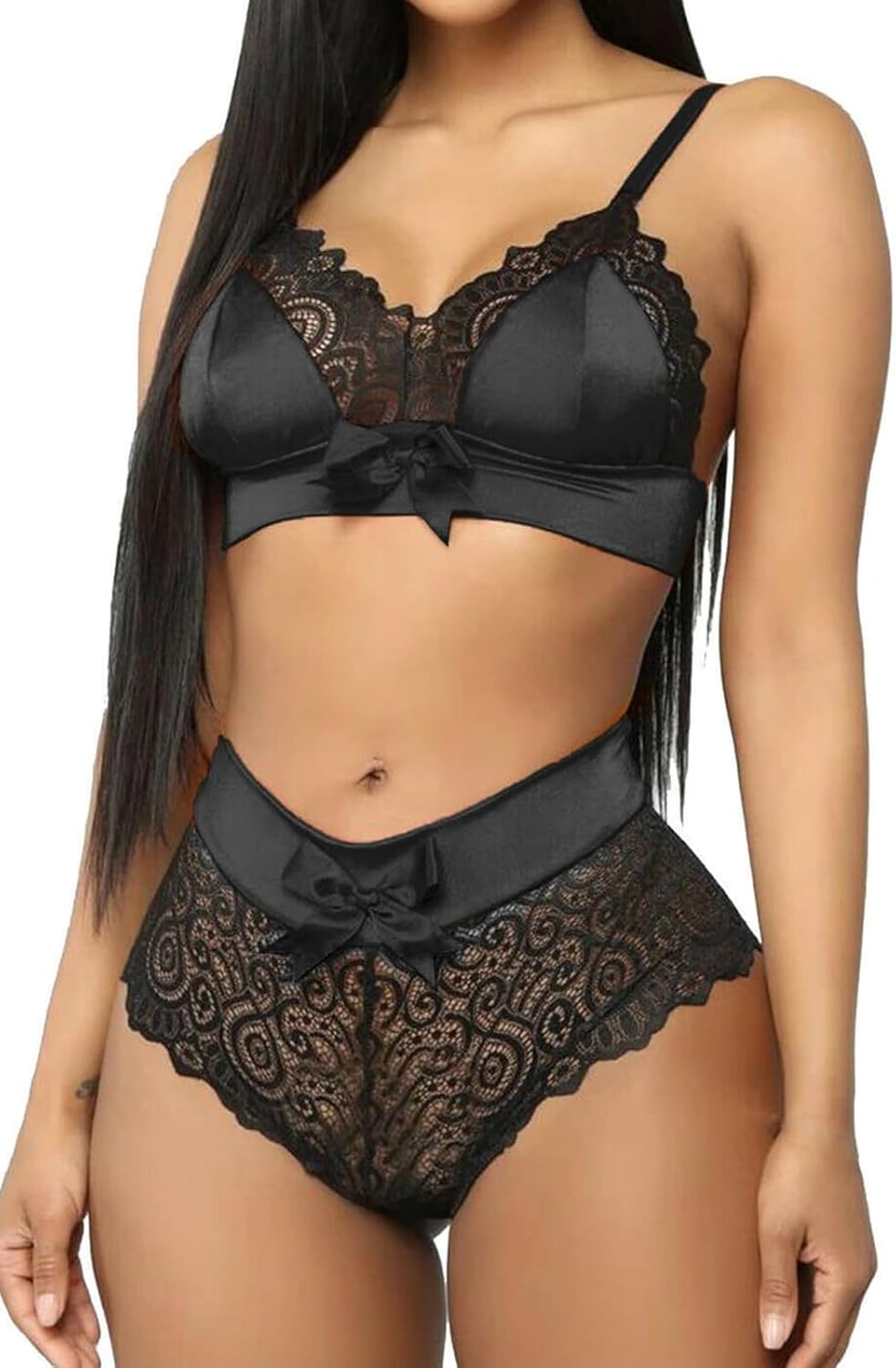 MIZSPISE Ensemble de Soutien-Gorge Femme Lingerie Sexy en Dentelle Nuisette Satin 2 Pieces Vêtements de Nuit Réglable Bralettes avec Culotte Col V Babydoll Noir/Rouge S-L M Noir