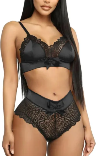 NewBull Femme Sexy Ensemble de Lingerie en Dentelle 2 Pièces Soutien-Gorge et Culotte Satin Tenue Col en V Taille Haute Nuisette Nœud sous Vetements Feminins Noir/Rouge S-L L Noir