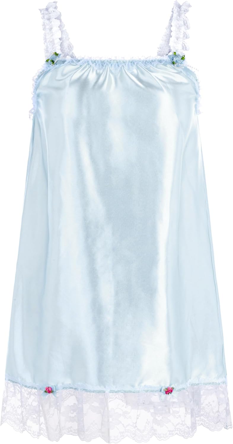 Lingerie Satin efféminé Nuisette Volants Froufrou Dentelle Slip Complet Vêtements de Nuit XXL Bleu Clair