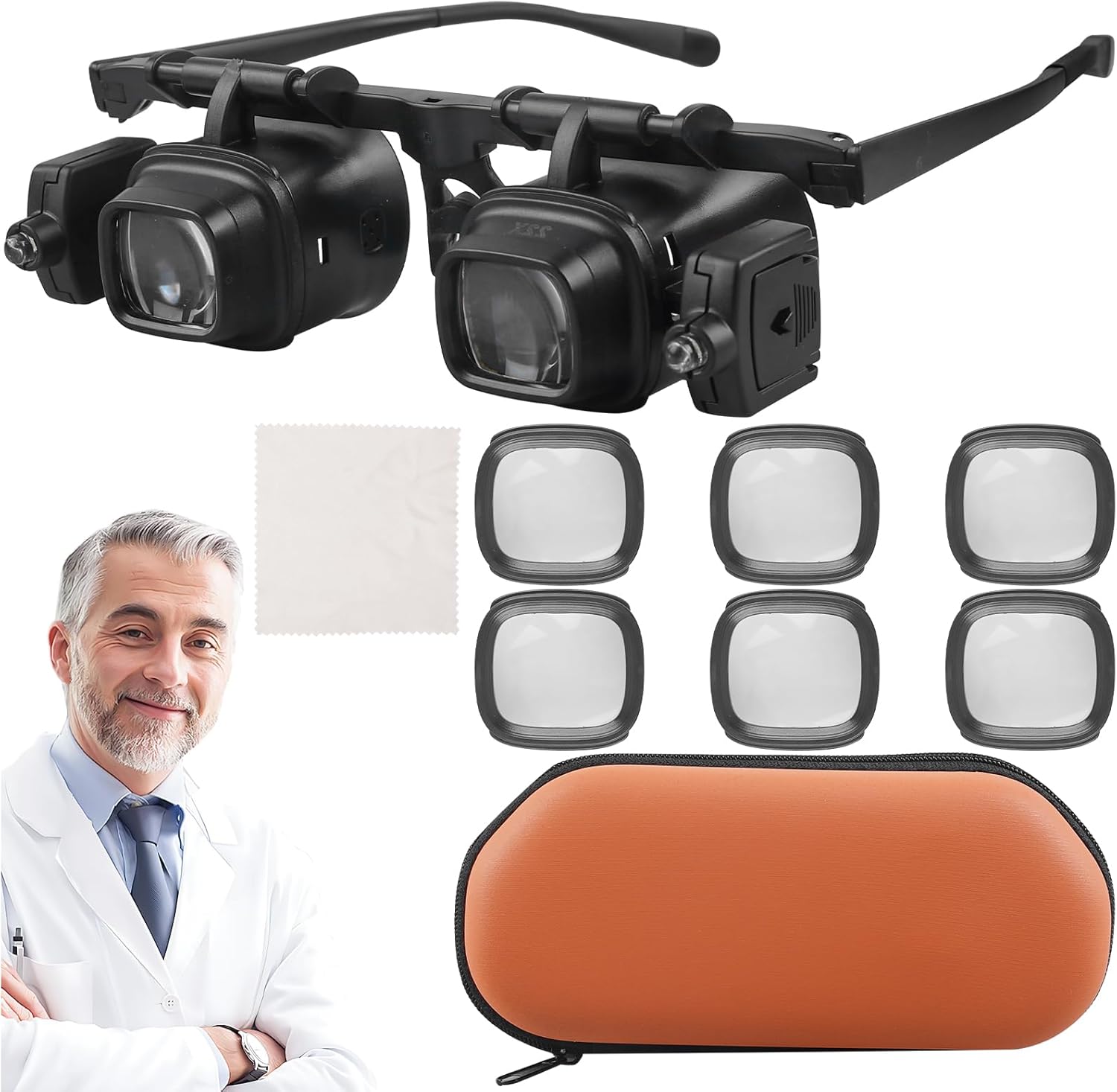 Loupe d'horloger avec lumière, loupe d'horlogerie avec 2 lumières LED, 2 x 6 x 10 x 24 x loupe de bijoutier, loupe de bijoutier, loupe à lunettes pour montres de bricolage, réparation, lecture,