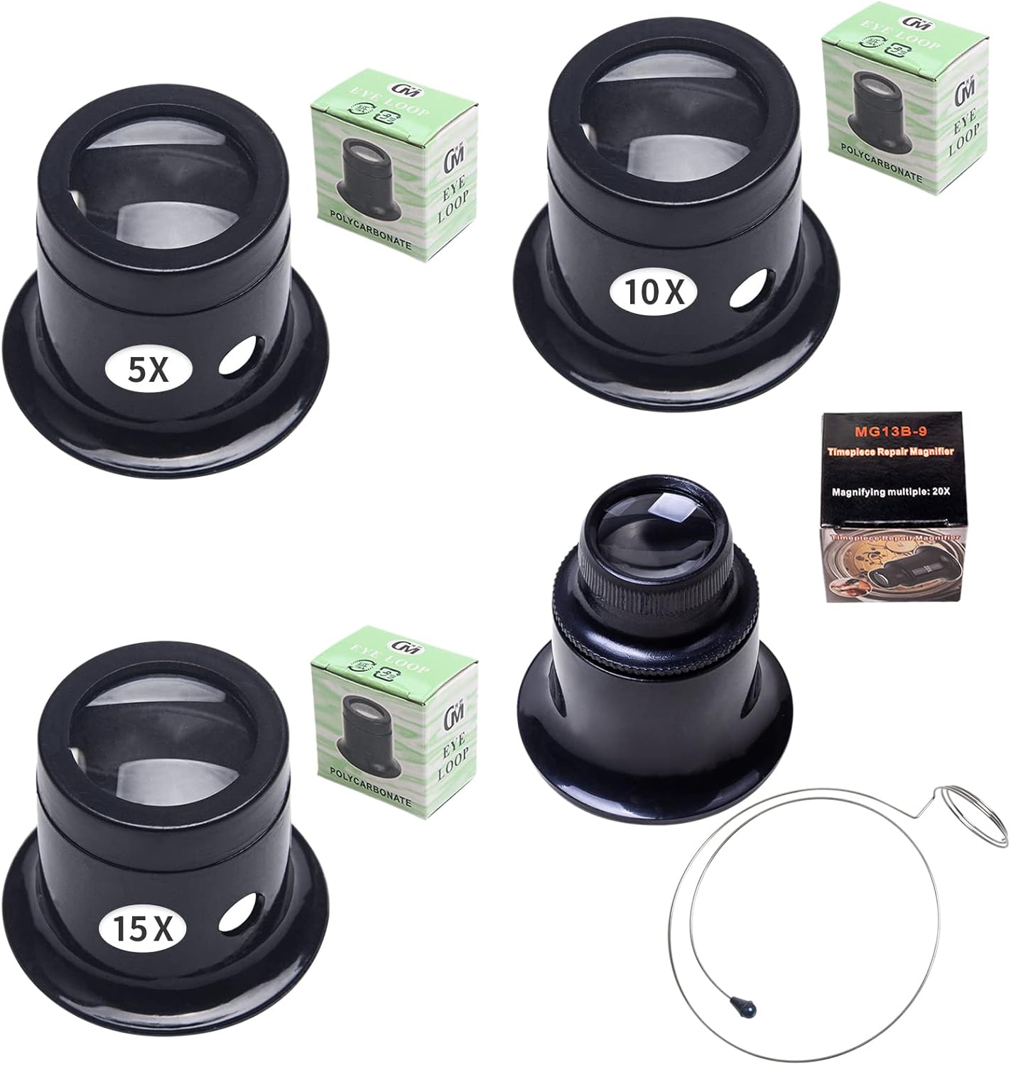 Zasjon Loupes de Bijoutier, 5 Pièces Portables Loupes dhorloger 5X 10x 15x 20x Oeil Portant des Loupes Bijoutier avec Porte-Fil pour loupe, Montre Horloge Réparation Loupe Kits