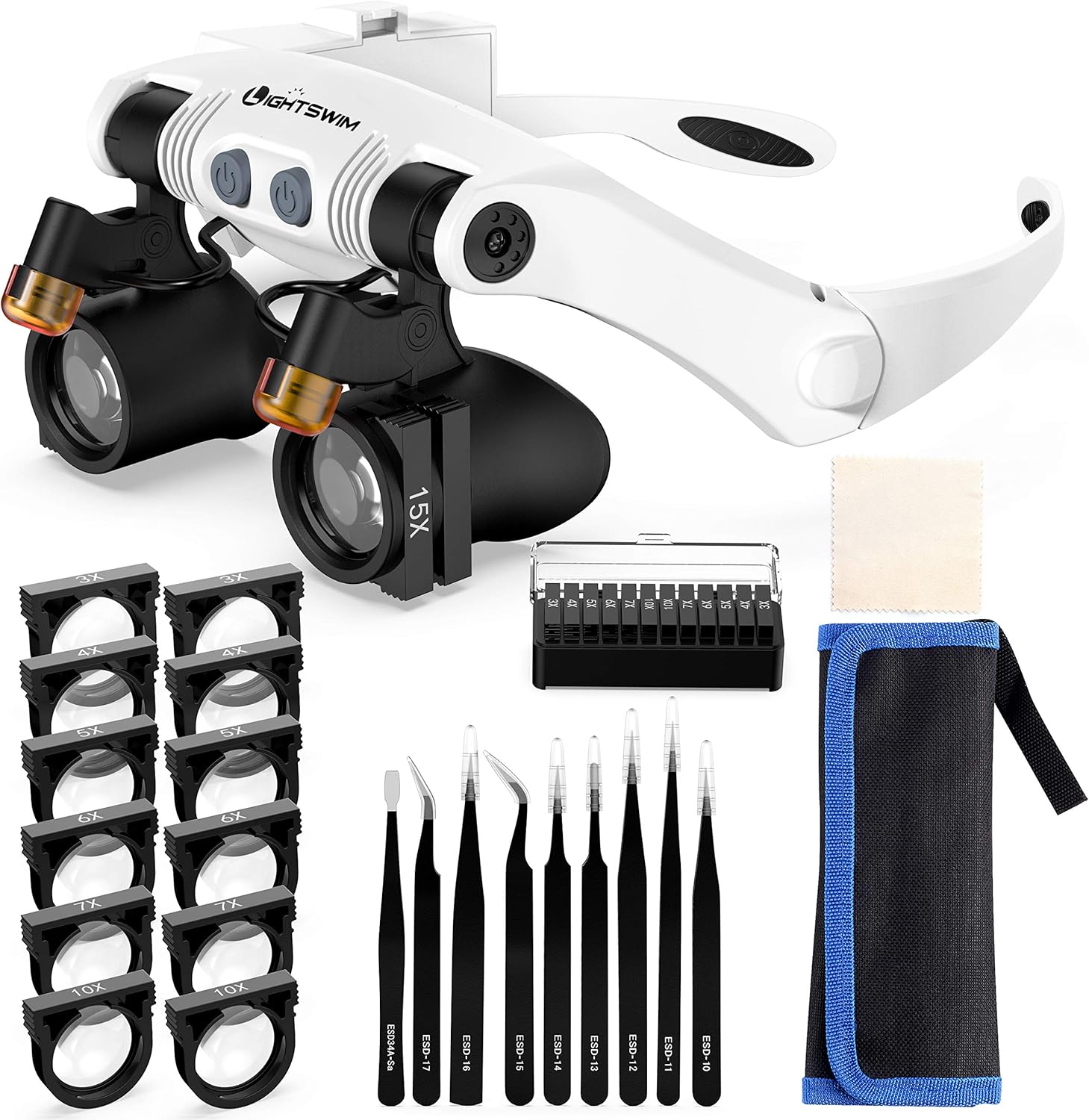 Lightswim Loupe Serre-tête avec lumière LED, Loupe Mains Libres avec 2 lumières LED Lentille Interchangeable 3X 4X 5X 6X 7X 10X 15X pour la Lecture de l'artisanat Montre Réparation Bijoux Loisirs