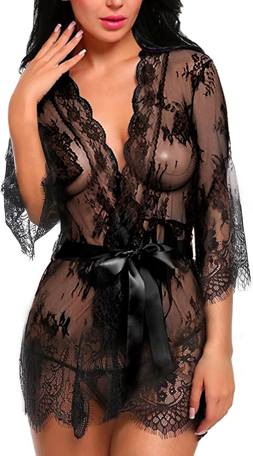 Femmes Vêtements de Nuit Sexy Lingerie Dentelle Mis en Maille Nuisette Chemise de Nuit Sleepwear Robe + G-String Ensemble XL Noir