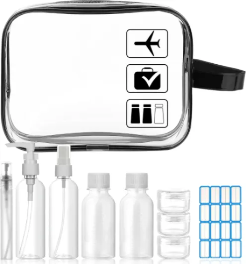 Trousse de Toilette Transparente + 8 Bouteilles Vide - Kit de Voyage avec Pochette Étanche et Sac Transparent pour Produits Toilette - Conforme aux Normes Aériennes