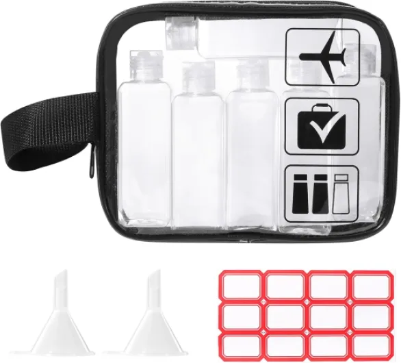 Trousse de Toilette-Flacon de Voyage - 10 Pièces Kit Voyage Avion, Flacon Vide 100 ML avec 2 Petits Entonnoirs, Accessoires pour Shampoo, Creme, Lotion