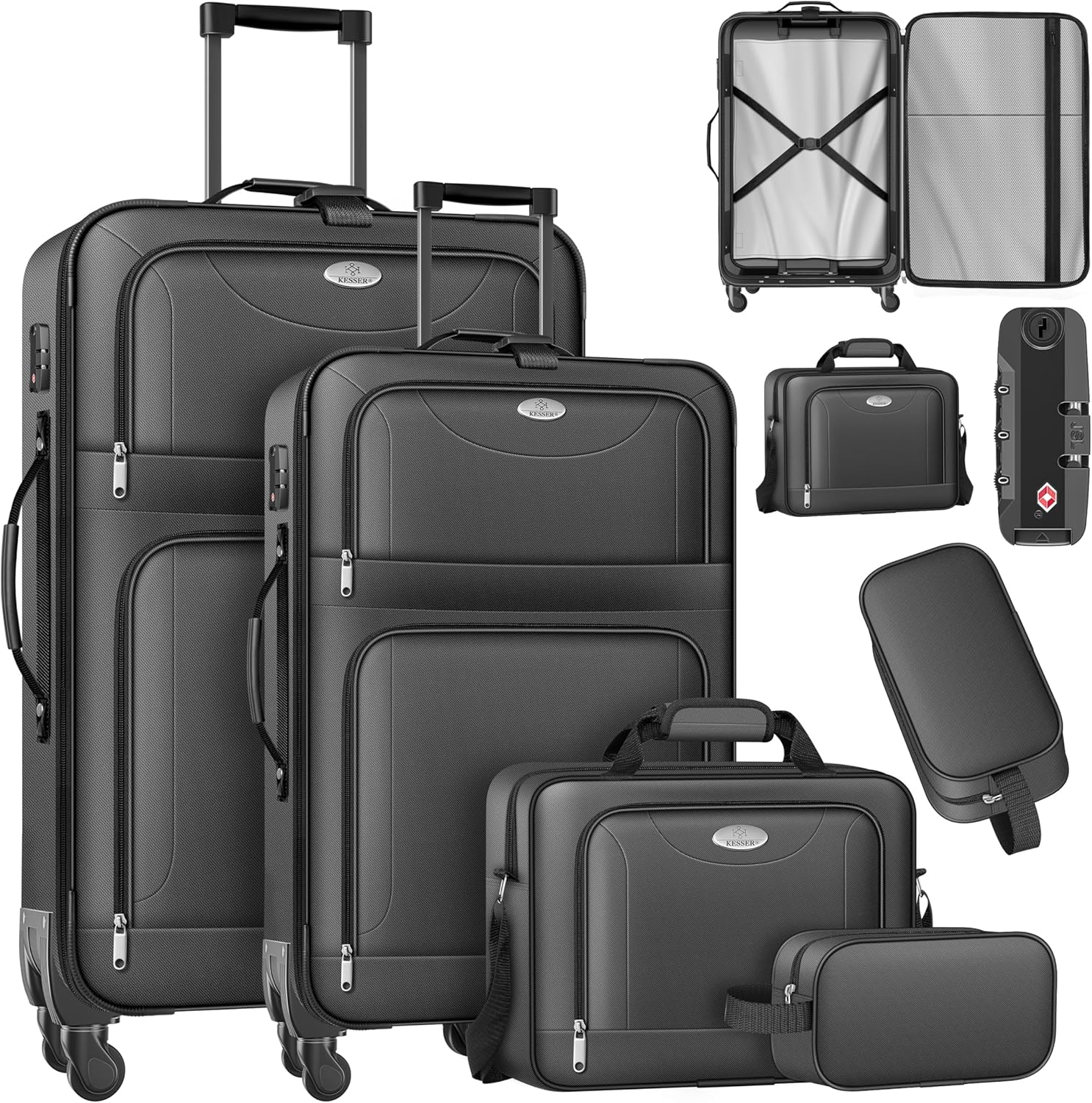 KESSER® Lot de 4 valises de voyage - Valise à roulettes en tissu avec serrure TSA à 3 chiffres - Roulettes à 360° et poignée télescopique - Sac cosmétique - Valise légère et grande valise pour le Anthracite