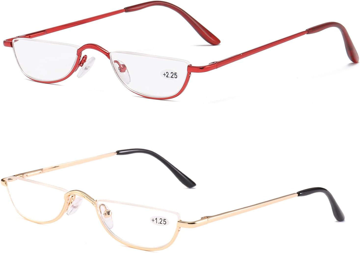2 Paires Lunettes de Vue Lecture Demi Lune ，Lunette Pour Lire Mince Demi-Monture en métal, Printemps Charnières Lunette Femme et Homme(rouge, or)+2.0 Rouge + Or 2.0 Dioptres