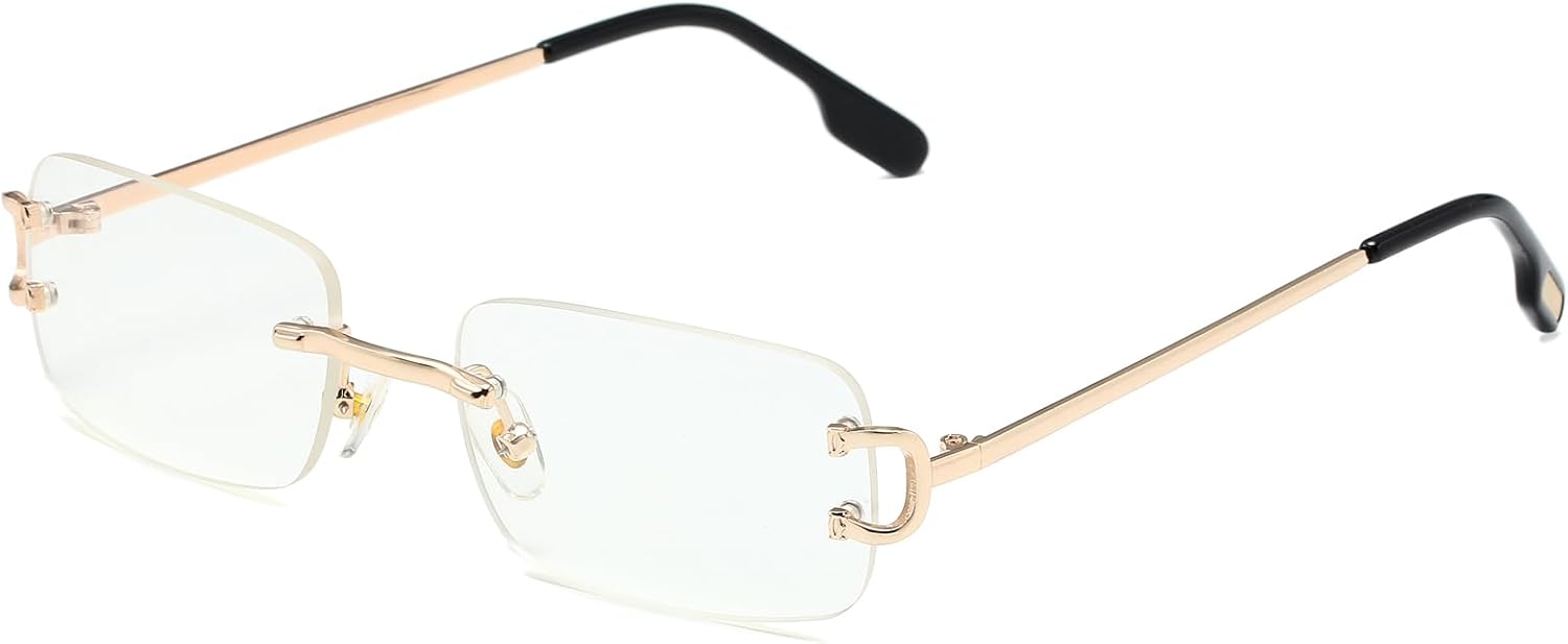 Ggpyyon Lunettes de soleil rectangulaires sans monture pour homme et femme, lunettes de soleil rétro sans monture Doré/Transparent