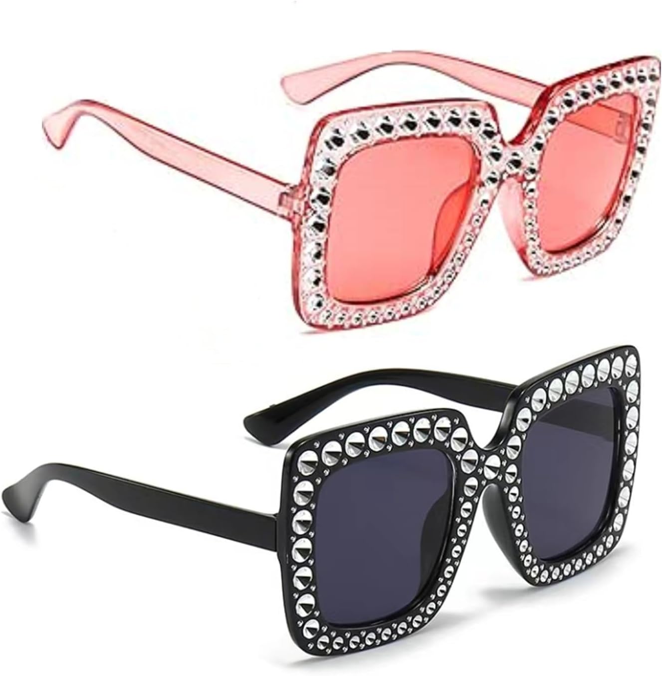 ZHjuju Lunettes de Soleil Strass Surdimensionnées,2Pair Lunettes de Soleil Femme Polarisée Surdimensionnées Carrées à Monture Épaisse Lunettes soleil rétro à monture carrée Surdimensionnée Stye1