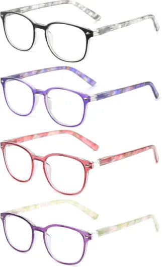 Lunettes de Lecture Charnière à Ressort Presbyte Hommes Femmes Carré Lunettes de Vue 4 Pack Mélange de Couleurs（pas de Lumière Bleue） 2.5 x