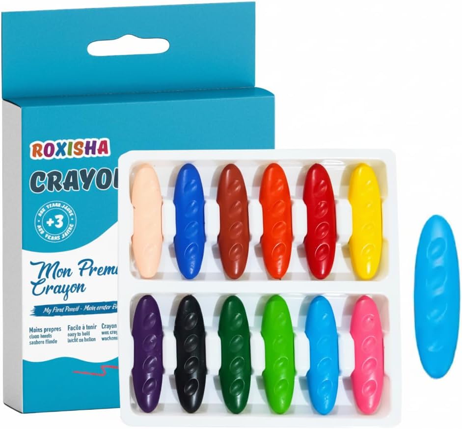 Crayons de Cire Cacahuète 12 Couleurs – Premiers Crayons Bébé et enfants 3 Ans et plus - Gros, Ergonomiques, Faciles à Tenir – Non Toxiques, Lavables, Incassables – Premiers Dessins Enfants