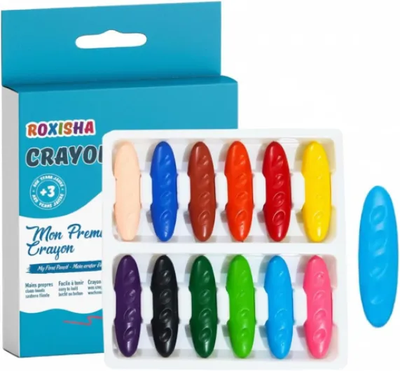 Crayons de Cire Cacahuète 12 Couleurs – Premiers Crayons Bébé et enfants 3 Ans et plus - Gros, Ergonomiques, Faciles à Tenir – Non Toxiques, Lavables, Incassables – Premiers Dessins Enfants