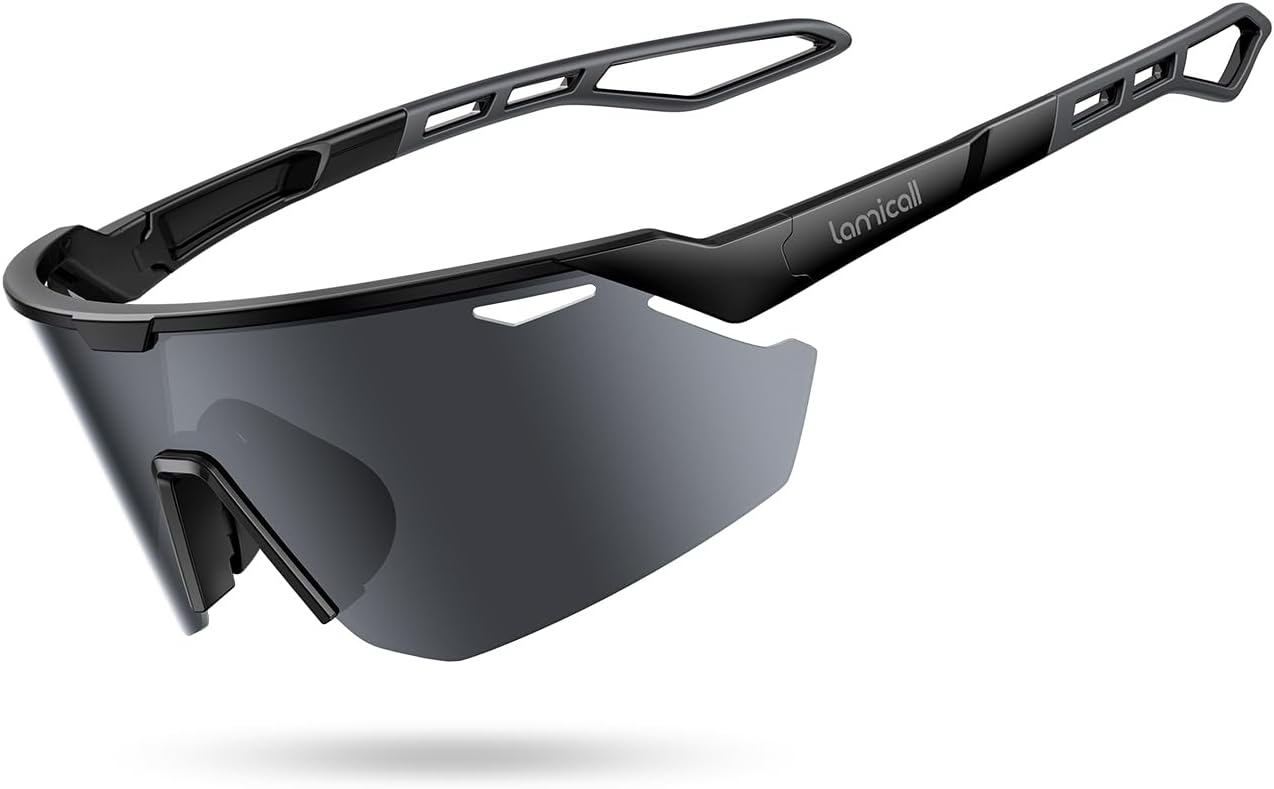 Lunettes de Soleil Polarisées Cyclisme, [24g Ultra-Légère] Protection UV400, TR90-Monture, Plaquette de Nez Réglable, Lunettes de Soleil de Sport Homme Femme pour Pêche/Sports Outdoor Noir