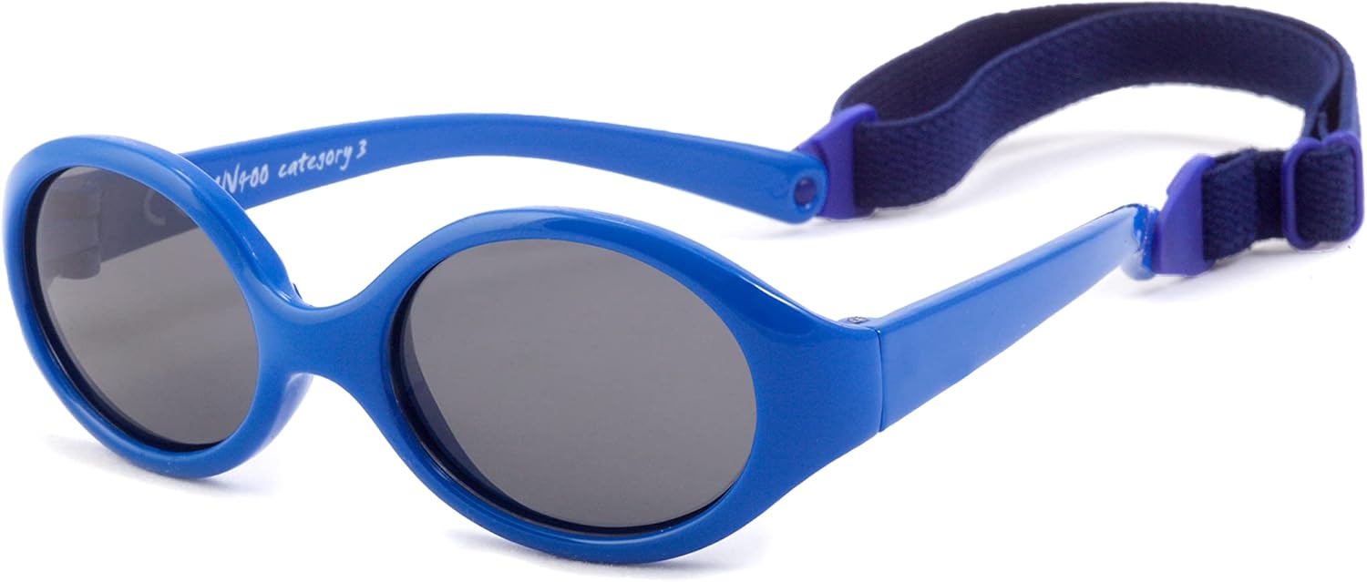 Lunettes Soleil Polarisées pour Bébé à partir de 0 mois, Fille et Garçon - Protection solaire UV400 - Sans BPA - Bande élastique amovible - Couleurs vives et tons pastel Forme Ronde Bleu