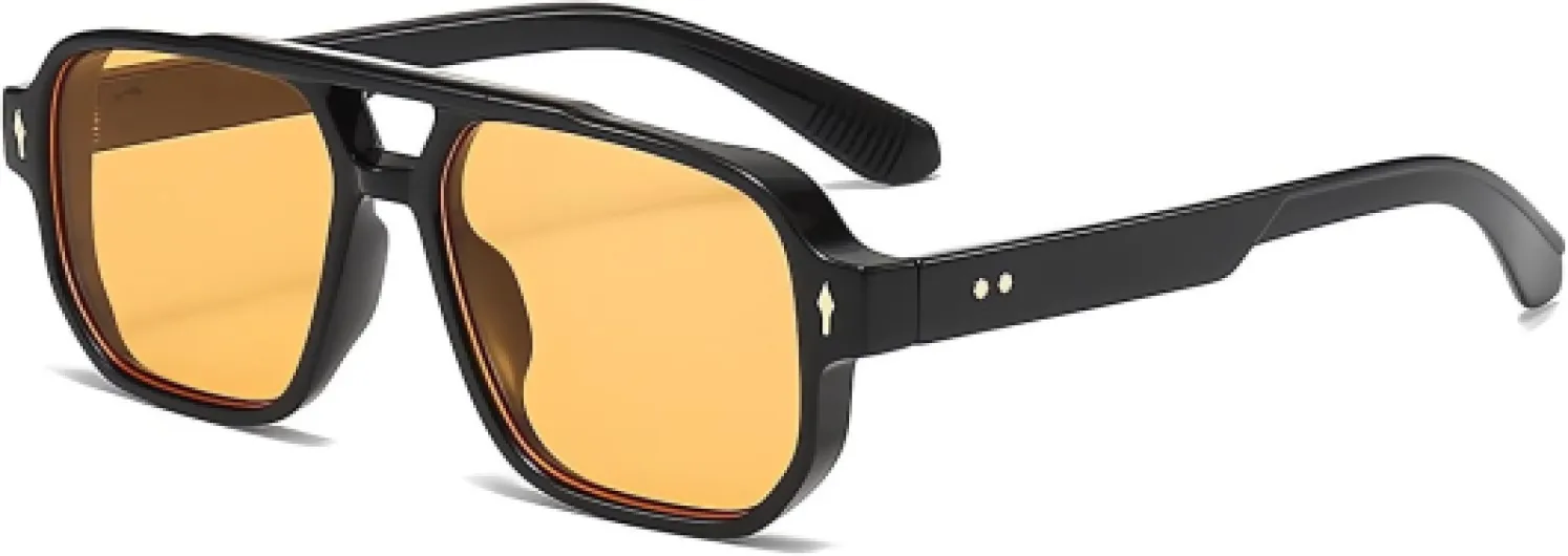 Lunette Aviateur Homme Lunettes de Soleil Rétro Tendance Hommes Femmes Lunettes de Soleil à Monture Carrée et Double Pont Convient aux Voyages en Voiture Lors de Fêtes sur la Plage