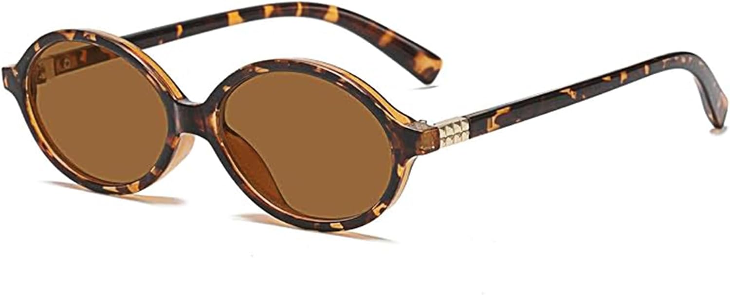 Lunettes de Soleil Ovales Mode pour Femmes et Hommes Petite Monture Ovale Rondes Lunettes Rétro Tendance Protection UV400 Léopard / Marron
