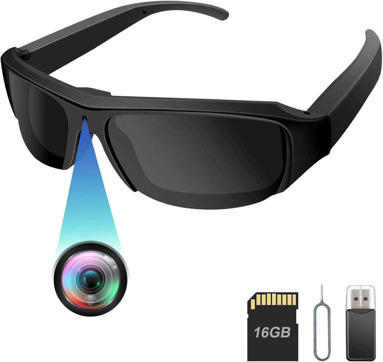 �Lunettes de Soleil Caméra HD 1080P - Caméra Discrète Lunettes Sport avec Enregistrement Vidéo, 100min Autonomie, Enregistrement en Boucle + Carte Micro SD 16GB Offerte