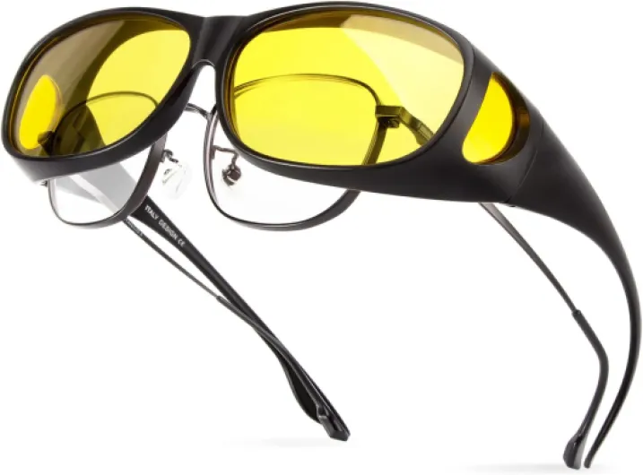 Lunettes de nuit polarisées, protection UV 400 anti-reflet pour homme et femme, lunettes polarisées enveloppantes pour conduite, pêche, golf (lentille de vision nocturne) Cadre Gris