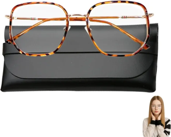 Huybaa Fausse lunette de vue femme, Lunettes à Imprimé Léopard Avec Sac à Lunettes, Lunette Anti Lumiere Bleue Femme, Lunette de repos