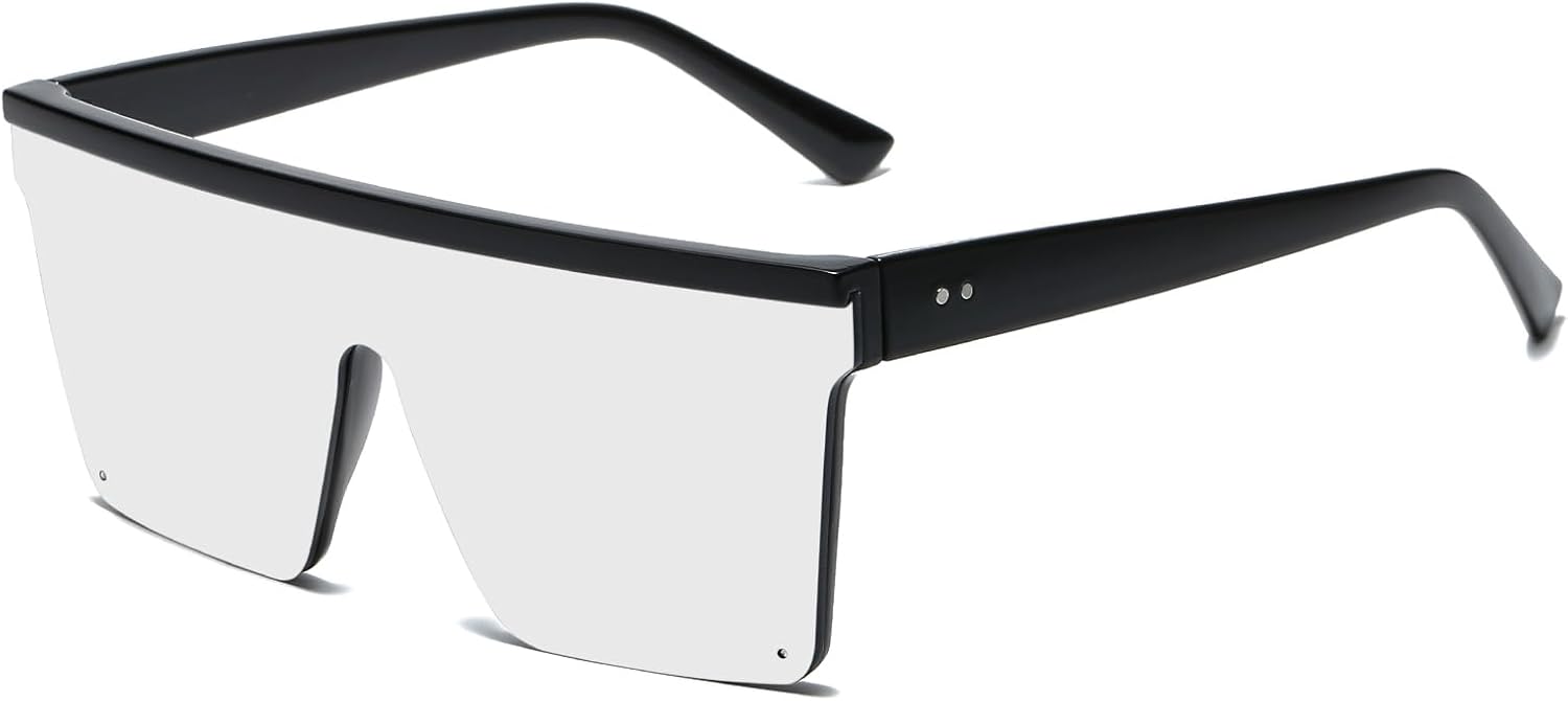 Lunettes de Soleil Carré Surdimensionnées pour Femme Homme Lunette de Soleil Sans Monture Oversize Lunettes Mode Flat Top Protection UV400, 60mm Monture Noir Lentilles Argent