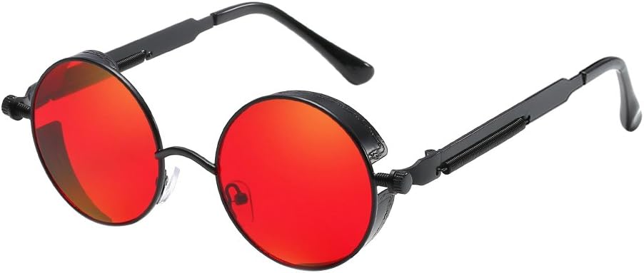 BOZEVON Punk Rond Lunettes de soleil - Classique Métal Cyclisme Retro Lunettes de soleil pour les femmes Hommes Noir (Cadre) -Rouge (Lentille)