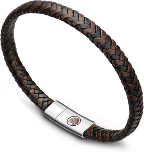 Casisto.J Bracelet Homme - Bracelet Cuir Homme Manchette tressé à la Main Classique Noir et Brun avec Fermoir magnétique gravé Cadeau Bijoux Gratuit en boîte Marron 19 Centimètres