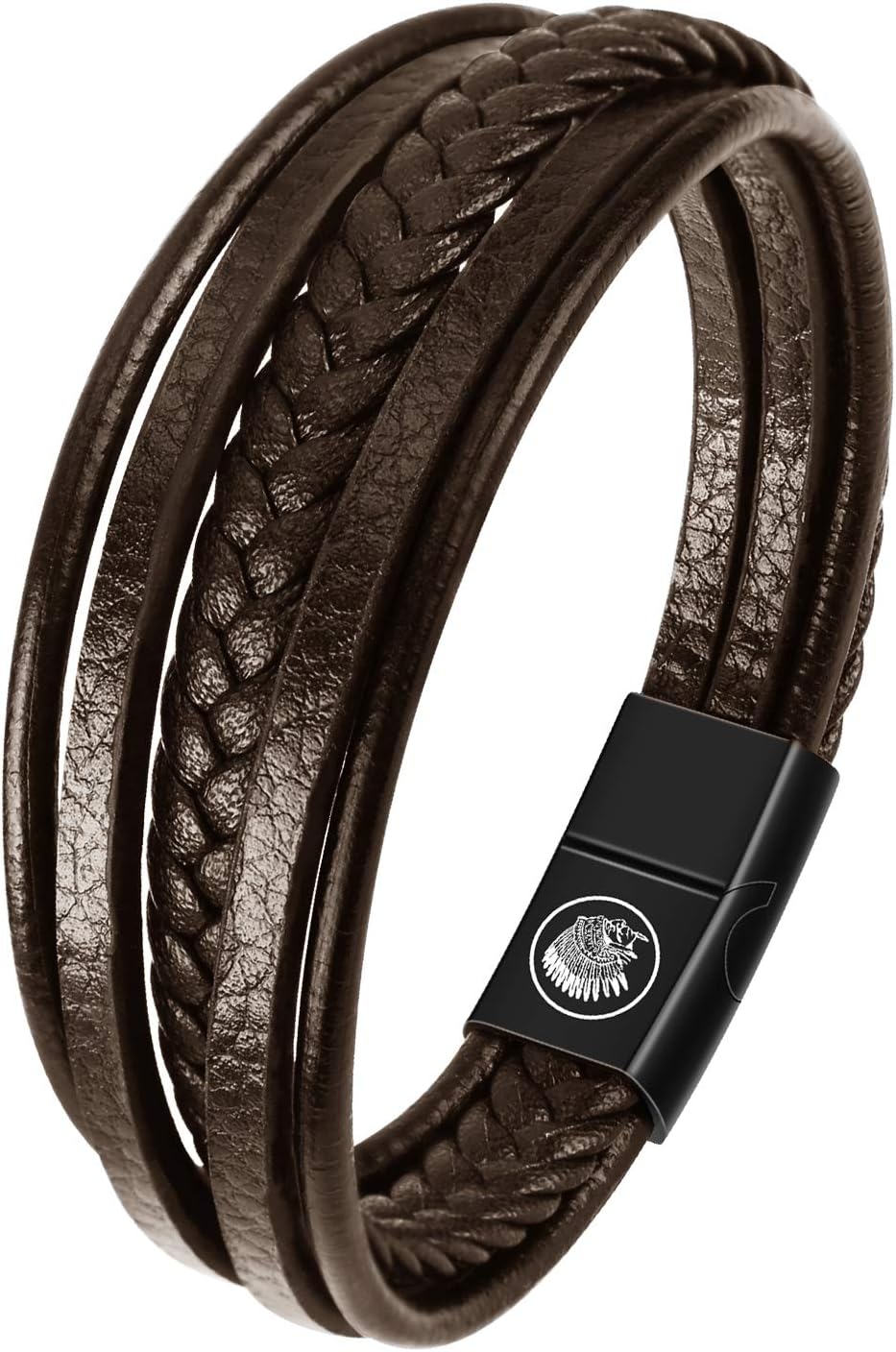 Casisto.J Bracelet Homme - Bracelet Cuir Homme Manchette tressé à la Main Classique Noir et Brun avec Fermoir magnétique gravé Cadeau Bijoux Gratuit en boîte Marron 22 Centimètres