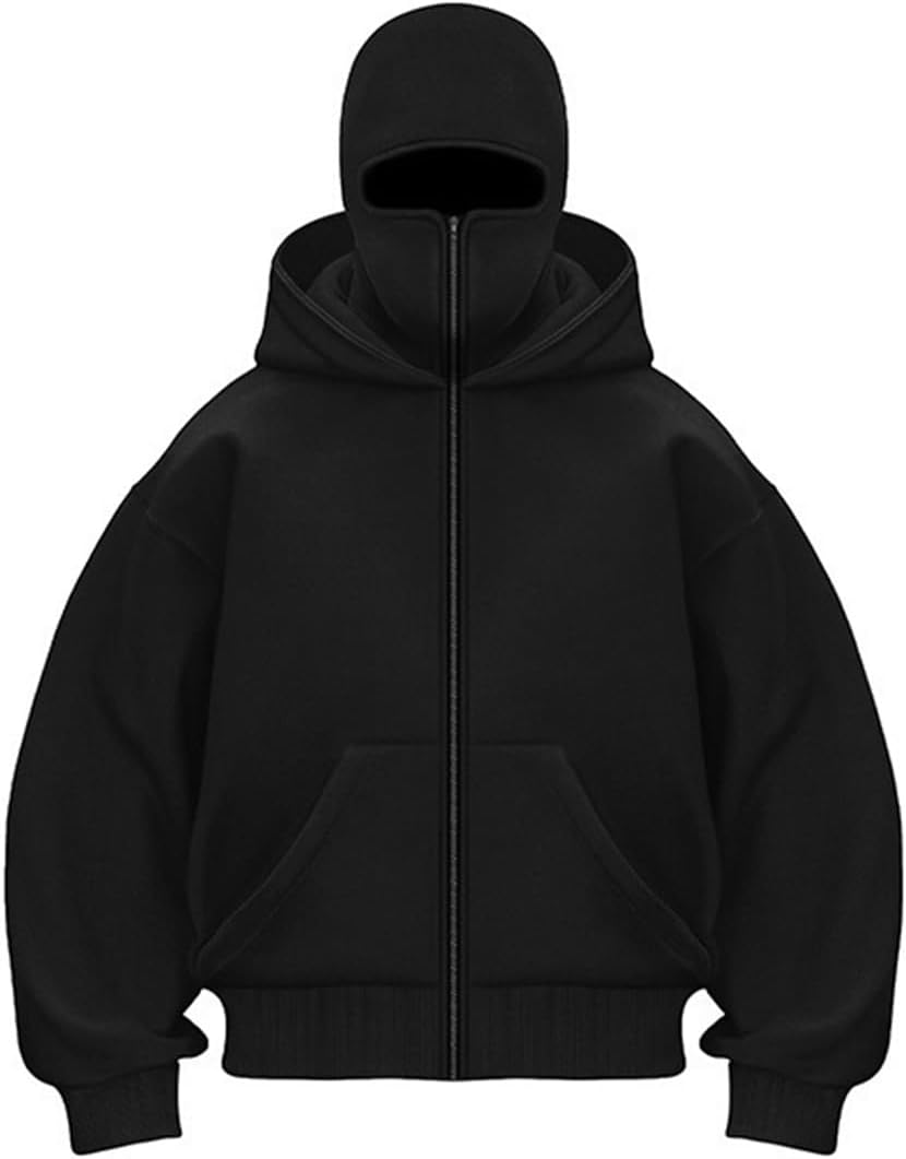 Sweat à Capuche Zippé Homme Veste Chaude Hoodie Balaclava Cagoule Moto Masque Anti-Vent pour Sports de Plein Air Vélo Automne Hiver XL A-noir