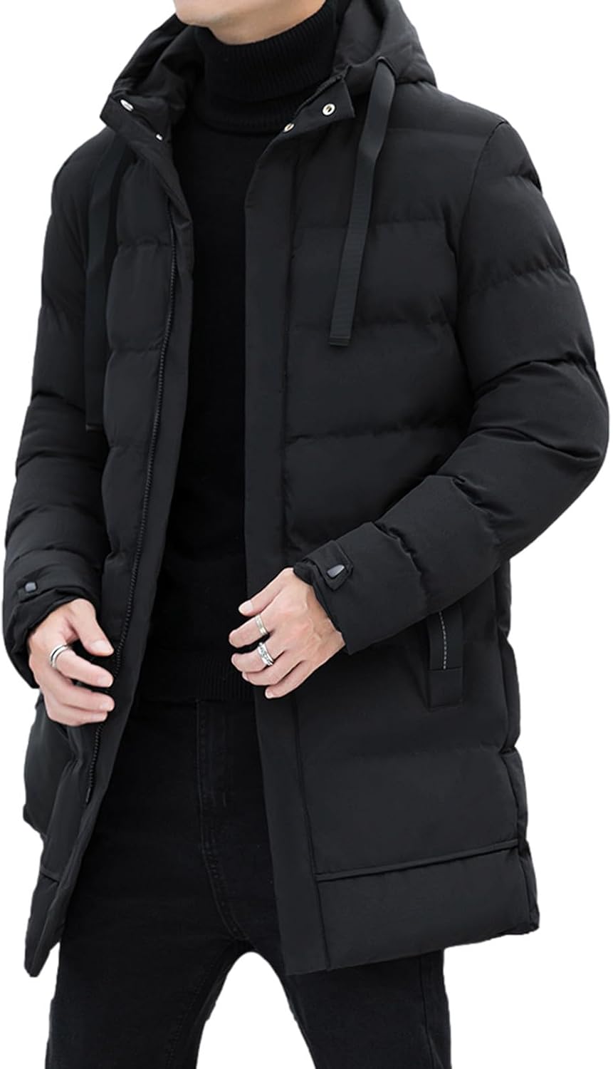 Aromm Hommes Veste Chaude Hiver avec Capuche Longueur Moyenne Quilting Remplissage Puffer Manteau XL Noir