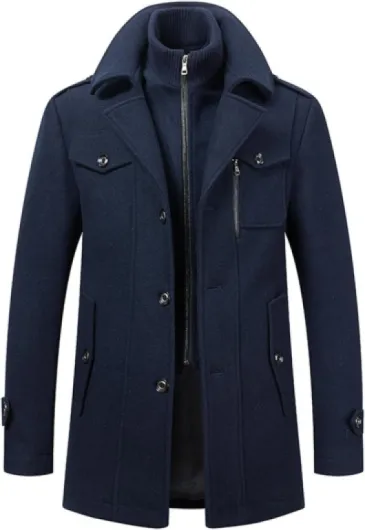 Manteau d'hiver en laine pour homme, manteau long trench pour homme, manteau d'hiver, manteau long, veste chaude en laine avec revers décontracté, manteau en cachemire uni, manteau court en L Bleu Marine