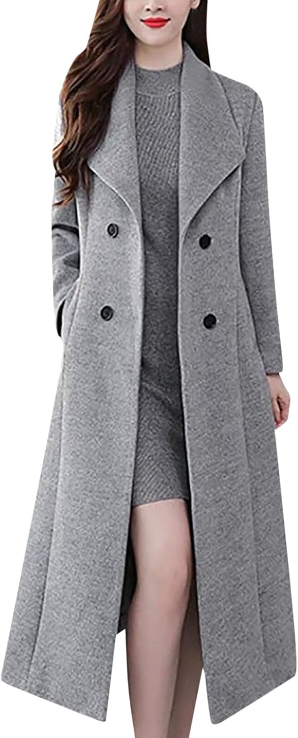 Generisch Manteau maxi en laine à double boutonnage pour femme avec col châle, vêtements d'hiver élégants pour les occasions quotidiennes Gris XXL