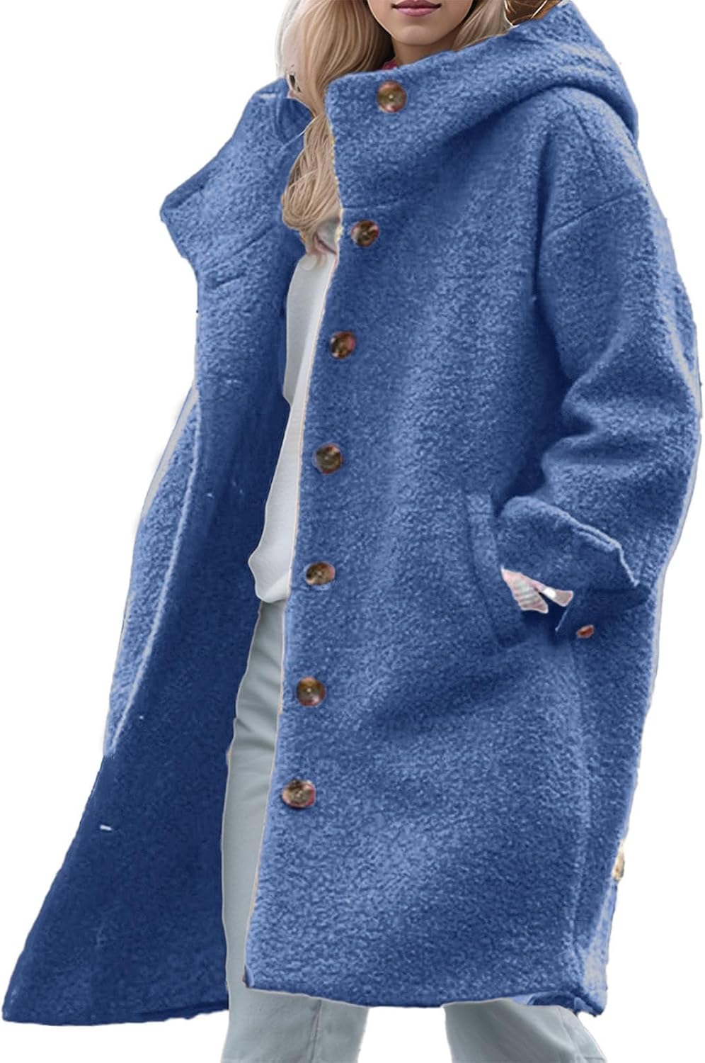 Manteau en laine pour femme - Long manteau en peluche avec boutons - Manteau d'hiver doublé en peluche - Veste de transition - Couleur unie - Veste thermique tendance - Veste d'extérieur décontractée S Bleu