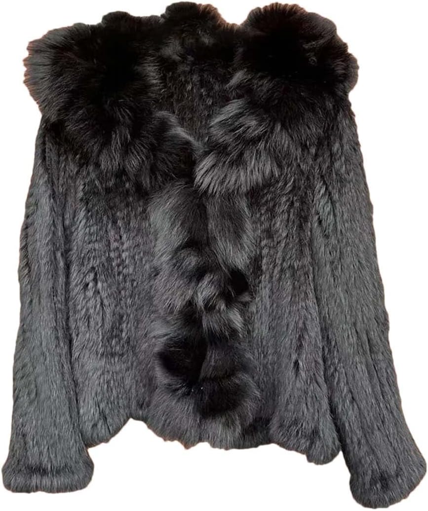 Femmes Automne Tricoté Réel Manteau De Fourrure De Lapin Avec Col Réel À Manches Longues Véritable Veste De Fourrure De Lapin 3XL Noir