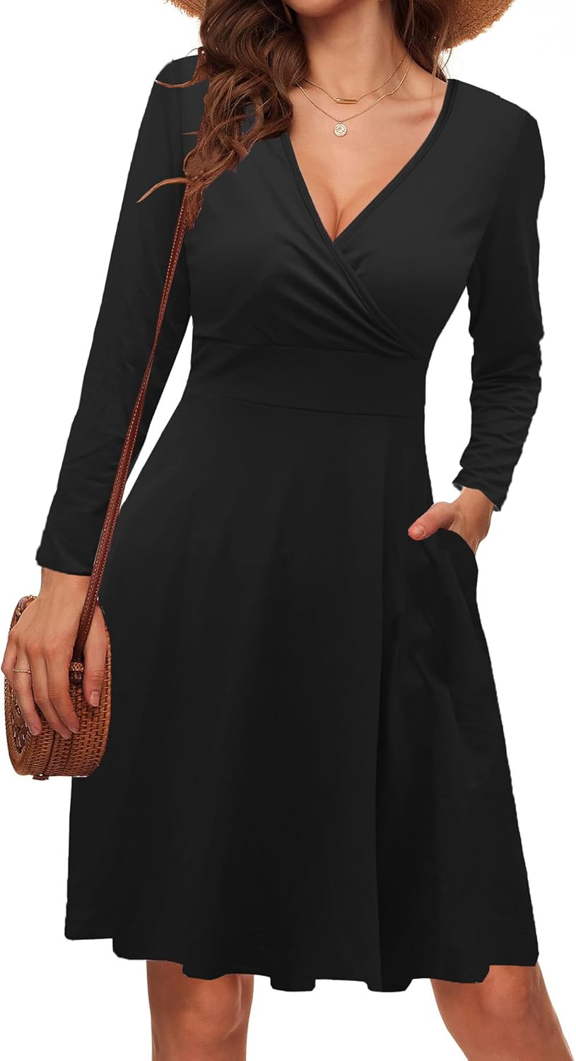 LIAMERHE Mini Robe Femme Col V Chic et Elegant Manches sans/Courtes/Longues Robes A-Line Casual Robe pour Fête Noël Mariage S B-noir