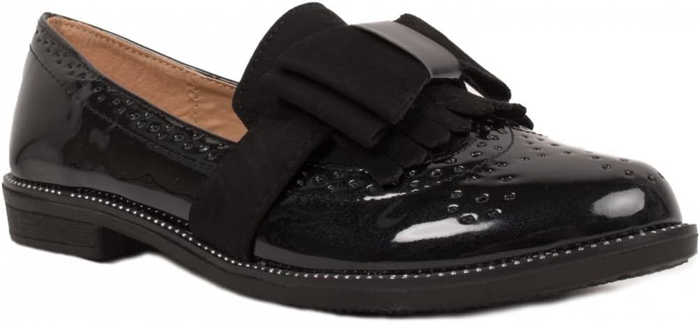 Mocassins Femme Vernis Classiques avec nœud en suédine & surpiqures Vintage 36 EU Noir