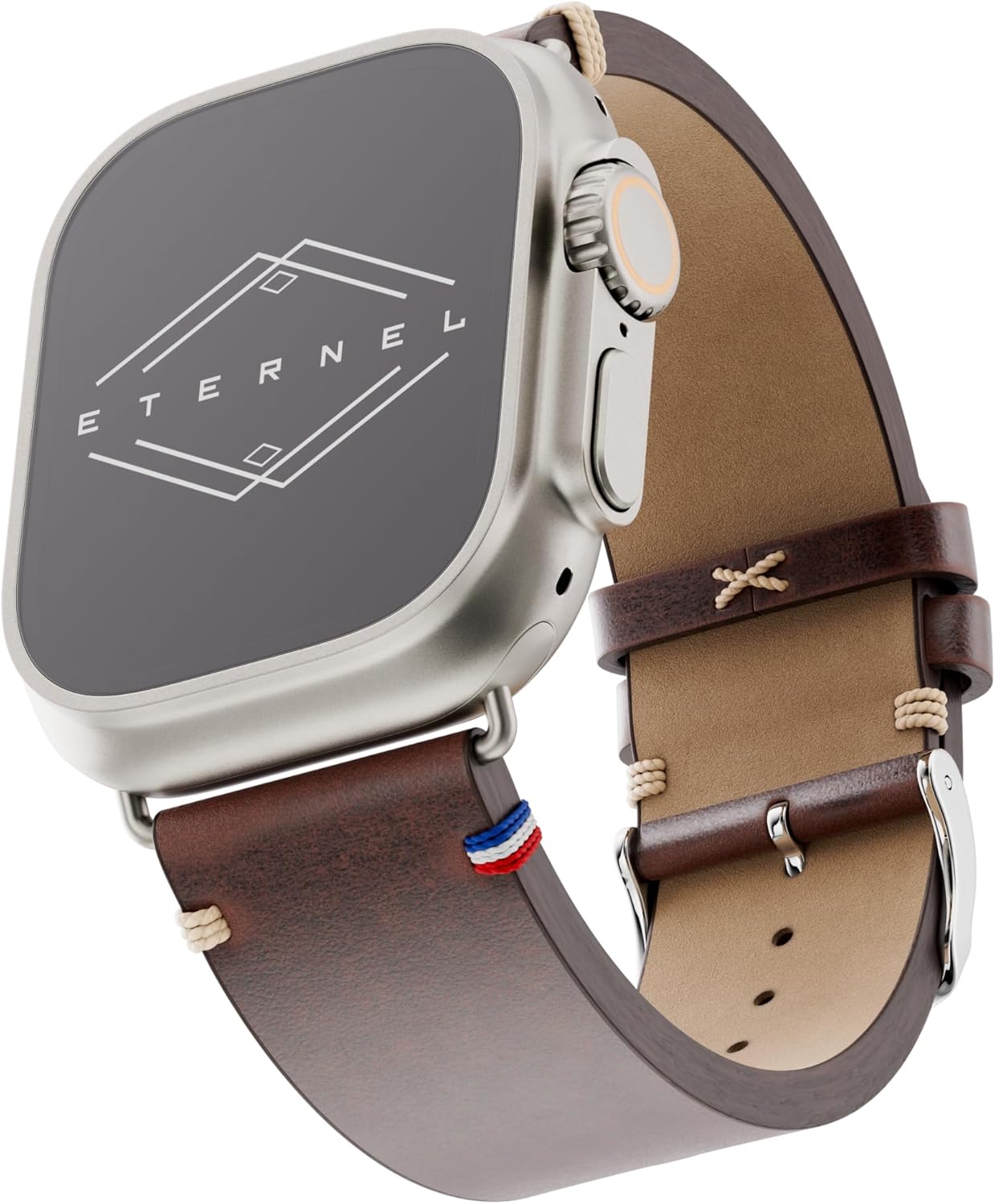 Logan Vintage Bracelet mythique - Compatible toutes Apple Watch - 45/46mm - Fait main en France - Tannage végétal - Marron - Adaptateurs titane ultra 45/46mm Marron / Titane ultra
