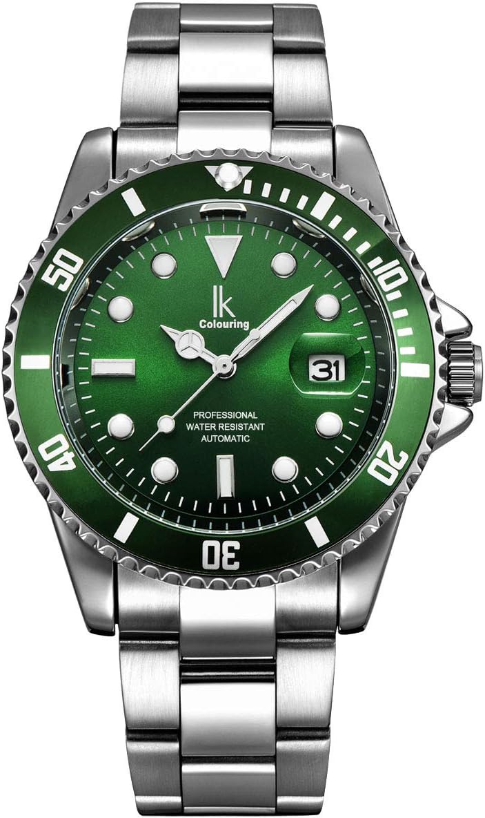 IK Montre Automatique Homme Femme Classique Bracelet Métal Argent-vert/Vert/Argent Mouv./Bracelet Métal Argent