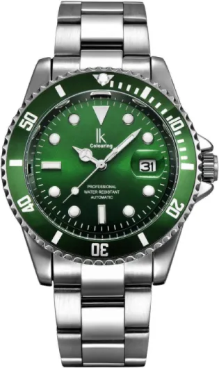 IK Montre Automatique Homme Femme Classique Bracelet Métal Argent-vert/Vert/Argent Mouv./Bracelet Métal Argent