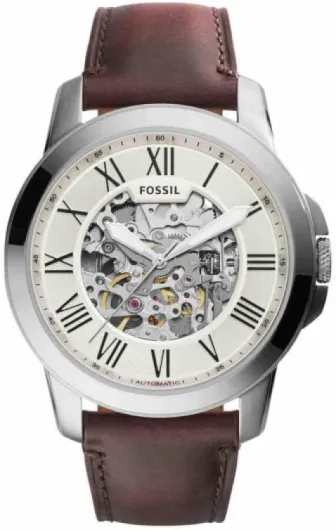 Fossil Montre pour Homme Grant, Mouvement Mécanique Automatique, Boîtier en Acier Inoxydable Argenté de 45 mm avec Bracelet en Cuir, Me3099 sangle
